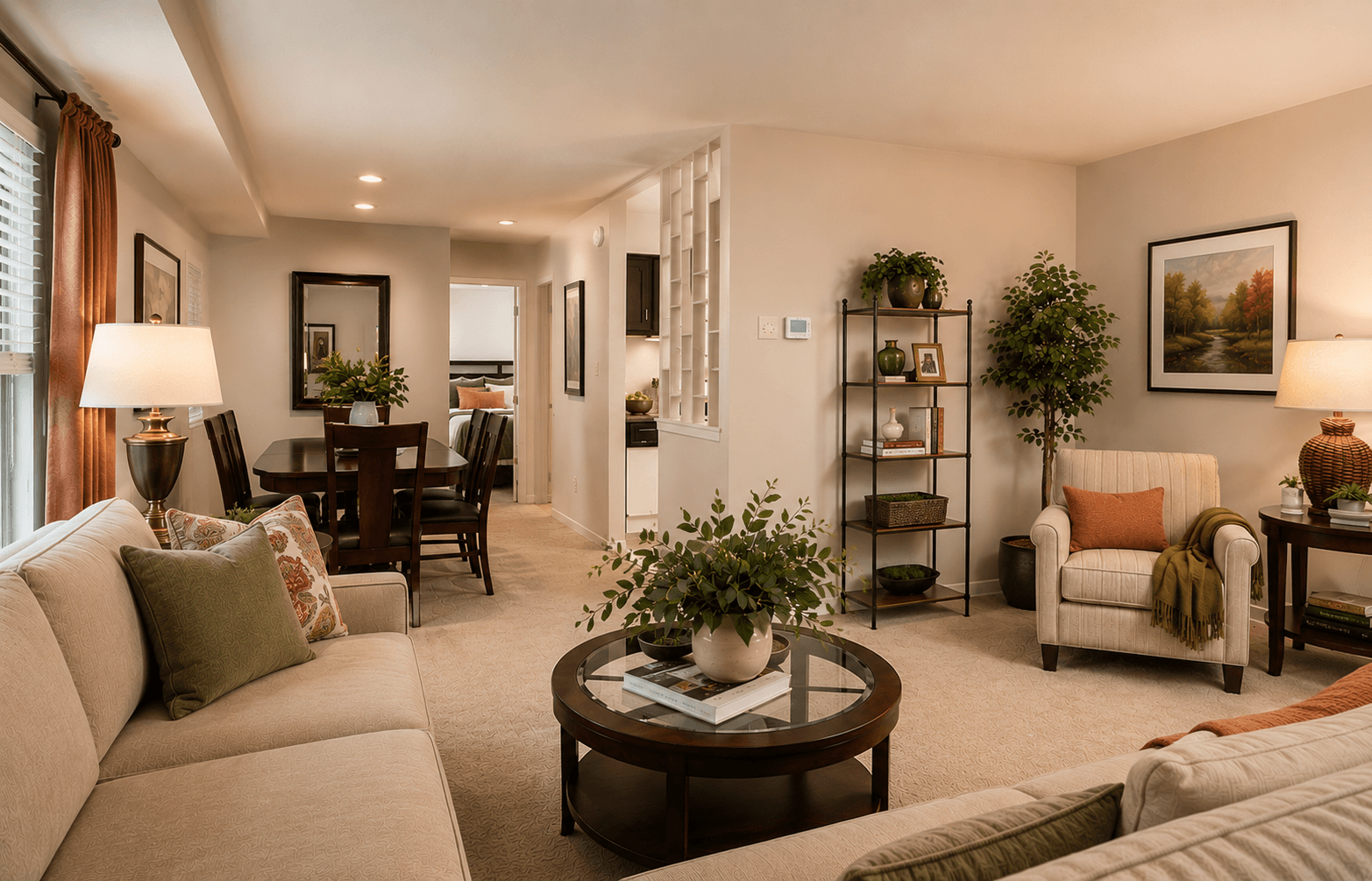 A well-lit living room with a beige sofa, a coffee table, and a potted plant.